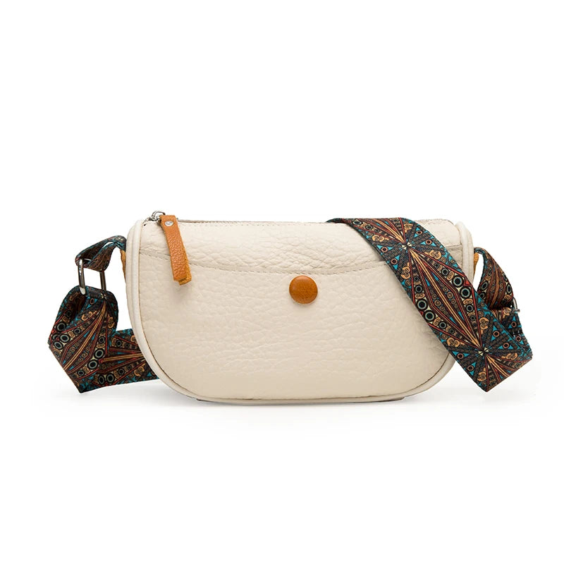 Sac banane femme en cuir blanc avec motif sur la bandoulière